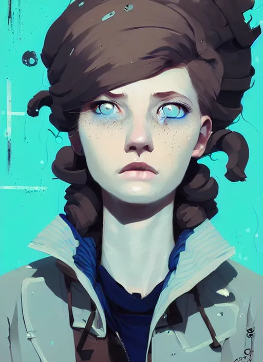 Prompt: highly detailed portrait of a sewer punk lady student, blue eyes, formal jacket, white hair by atey ghailan, by greg rutkowski, by greg tocchini, by james gilleard, by joe fenton, by kaethe butcher, gradient blue, black, brown and cyan color scheme, grunge aesthetic!!! ( ( graffiti tag wall background ) )