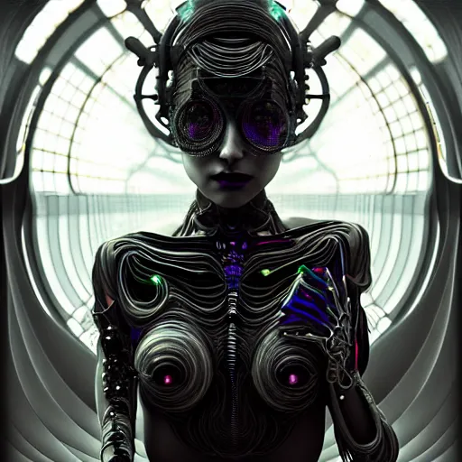 Image similar to extremely psychedelic beautiful cyborg queen of virus infected by night. intricate, elegant, highly detailed, extremely lifelike photorealistic digital painting, artstation. steichen, gaston bussiere, tom bagshaw, cyberpunk alphonse mucha. elegant minimalism. anatomically correct. sultry. sharp focus. black, white. surreal lush hallucination