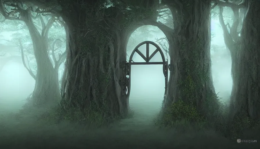 Image similar to a dark foggy forest with a doorframe!! that is a portal! to a fantasy landscape, high quality rendering, digital art