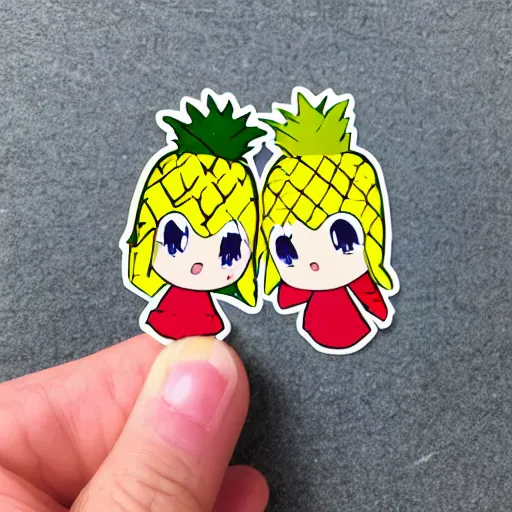 Prompt: die cast sticker of two cute anime chibi smiling pineapples