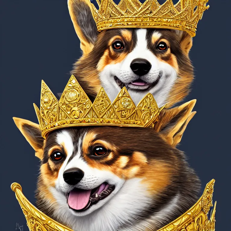 Image similar to highly detailed illustration of a portrait of a regal corgi wearing a jeweled golden crown, artstation, cinematic lighting, hyperdetailed, cgsociety, 8k, high resolution, by John Philip Falter, Art Nouveau, insanely detailed and intricate