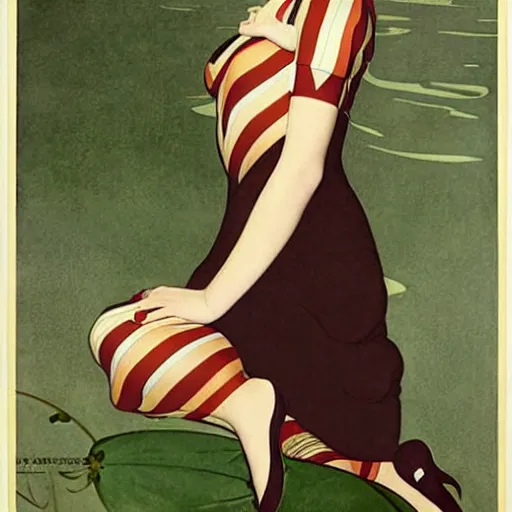 Image similar to a beautiful woman in striped nylons, art by coles phillips, mucha,