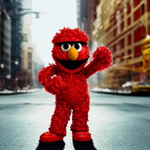 Image similar to Elmo from sesame street dressed up as a mega stylish rapper, wearing a hoodie and gold chain and backwards hat, in New York City, highly detailed, 4K, moody lighting, 90’s vibe, 3d render, octane redshift, 8k