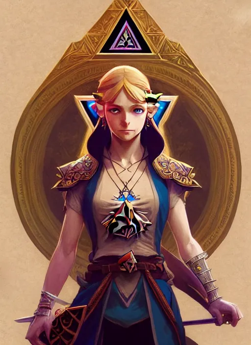 Image similar to zelda with triforce, fantasy, intricate, elegant, highly detailed, digital painting, artstation, concept art, wallpaper, smooth, sharp focus, illustration, art by artgerm and greg rutkowski and alphonse mucha