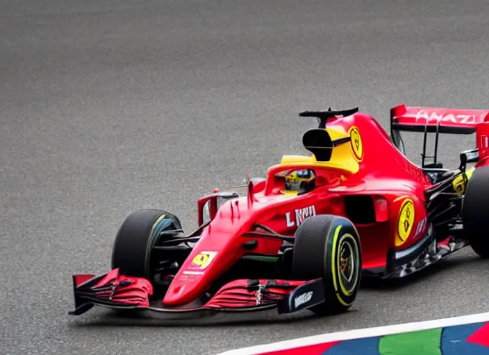 Image similar to live action photo of the 2 0 2 1 f 1 ferrari car, with clown make up livery, 8 k, hdr, sports photography