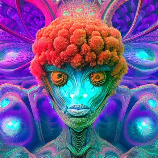 Image similar to Face of a Alien Deity, corals, plume made of fractals, extremly detailed digital painting, in the style of android jones, artwork of a futuristic artificial intelligence superstar, mystical colors, rim light, beautiful lighting, 8k, stunning scene, raytracing, octane, under water visual distortion, trending on artstation