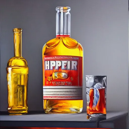 Image similar to a hyper-realistic studio still-life oil-painting of a-bottle-of-vodka; hyper-detailed; an extraordinary masterpiece!!!; flawless; trending on artstation