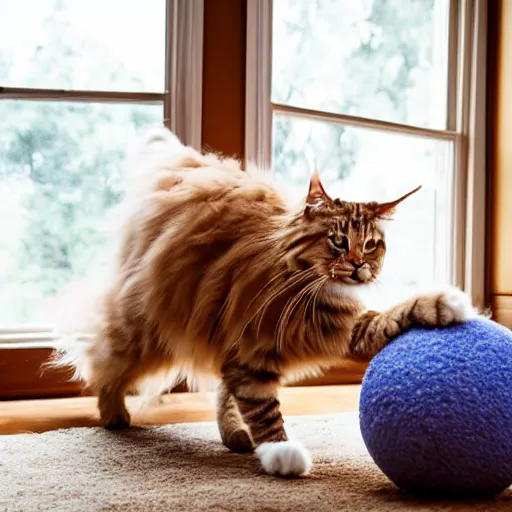 Prompt: cream color maine coon cat chasing a cat-toy-ball in a sunlit bedroom, hardwood floors with a colorful tattered old throw rug, bay window sofa in the background, fun, energetic, amusing, cute, funny, in style of Steve Henderrson