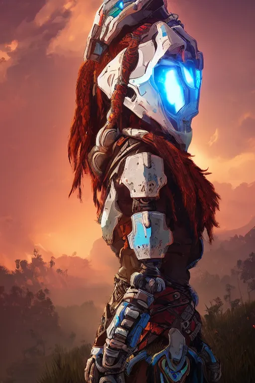 Image similar to combination suit armor aloy horizon forbidden west horizon zero dawn radiating a glowing aura global illumination ray tracing hdr fanart arstation by ian pesty and alena aenami artworks in 4 k tribal robot ninja mask helmet backpack