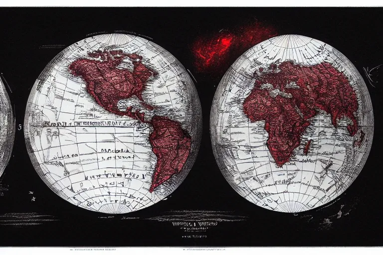 Prompt: intricate and dramatic sketch of world map, both hemispheres shown as globes, evil, insidious, hyperdetailed, 80mm lens, by Greg Rutkowski and guweiz, white and red ink sketch on black paper