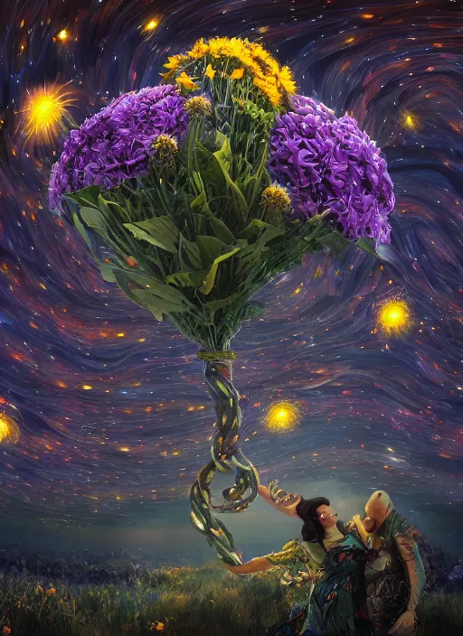 Image similar to An epic fantastic realism comic book style painting of the most beautiful entwined flowers launched across the dark and starry night sky, nebulous bouquets, fisheye lens, unreal 5, DAZ, hyperrealistic, octane render, dynamic lighting