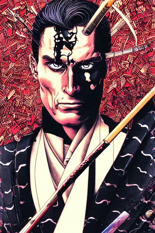 Prompt: poster of patrick bateman as a samurai, by yoichi hatakenaka, masamune shirow, josan gonzales and dan mumford, ayami kojima, takato yamamoto, barclay shaw, karol bak, yukito kishiro