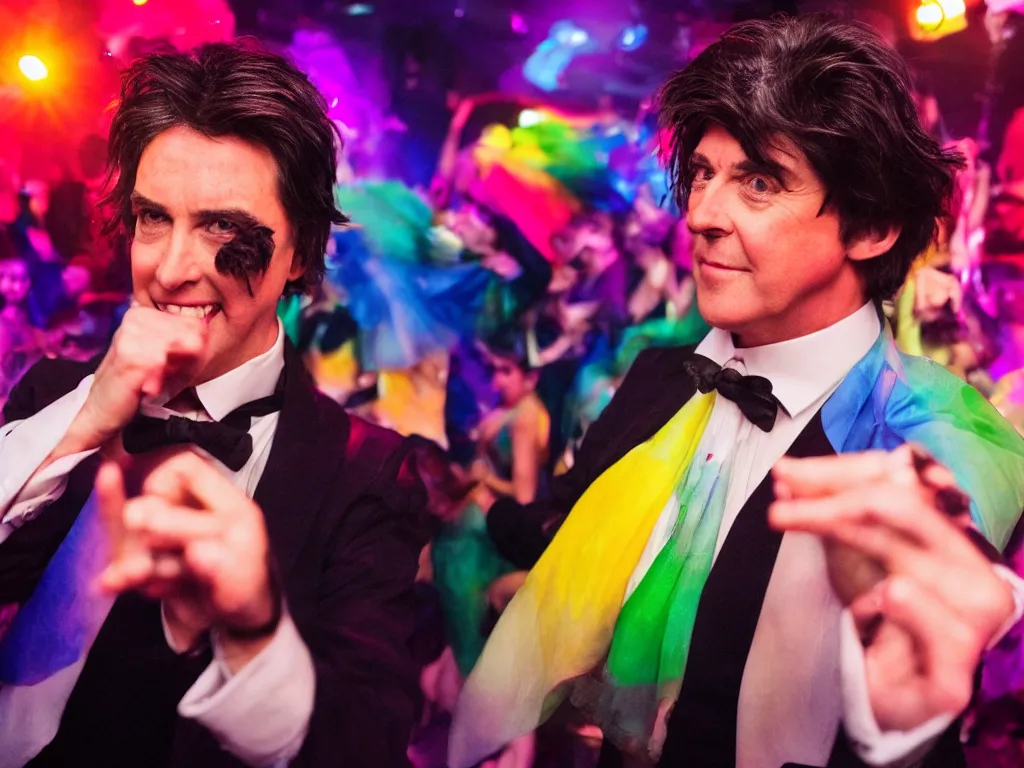 Image similar to dslr close up photo of oscar wilde dancing at a gay club, color, photography, 8 k, highly detailed, rave, lighting, cmyk, realism