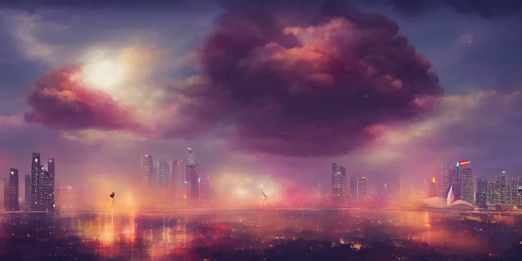 Prompt: Singapore city with a lion-shaped cloud in the sky and fireworks in the sky, by Charlie bowater, red and white lighting, digital art, ultra realistic, ultra detailed, photorealistic, 4k, character concept