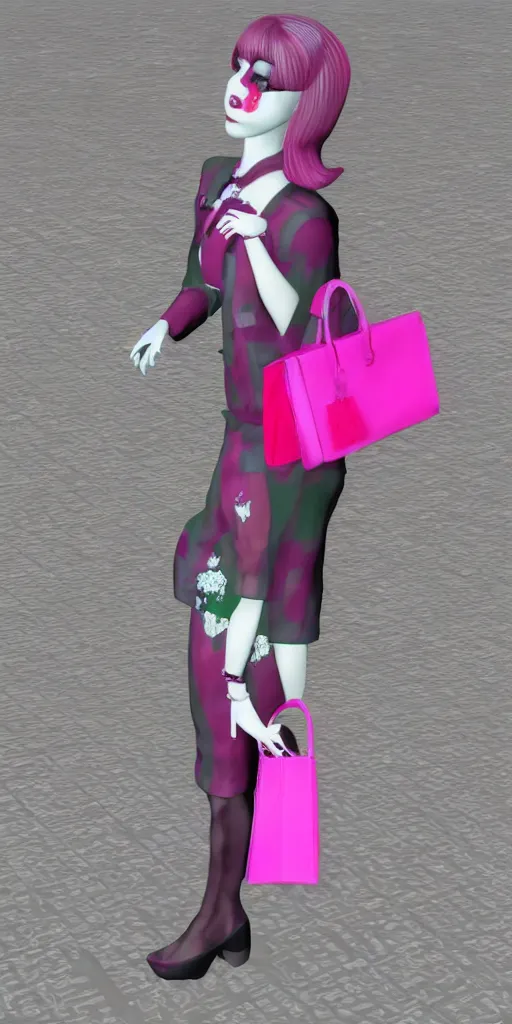 Image similar to rtx deprecated 3d glitched malice doll carrying a pink fashion bag in a street city psx rendered early 90s net art n64