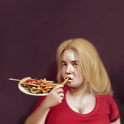 Image similar to portrait of a blonde chubby woman eating kebab, light stubble with red shirt ,digital art,photorealistoc,art by greg rutkowski,hyperdetailed,western comic style,comic,comic style,sharp lineart,professional lighting,deviantart,artstation,trevor henderson,rossdtaws,cinematic,dramatic