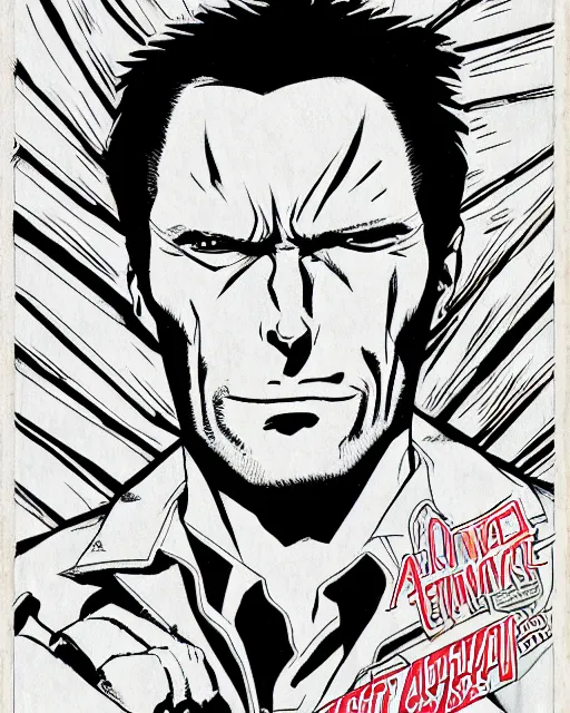 Image similar to Digital color pen drawing of Clint Eastwood from JoJo\'s Bizzare Adventure, highly detailed, sharp focus, screentone shading, 1990 manga panel, trending on ArtStation, manga cover art drawn by Hirohiko Araki