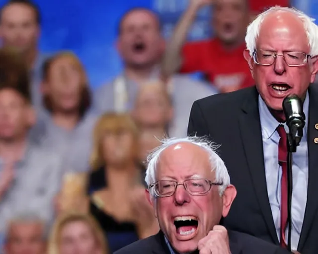 Prompt: Super Saiyan Super Saiyan Super Saiyan Senator Bernie Sanders screams during philibuster speech (AP Photo)