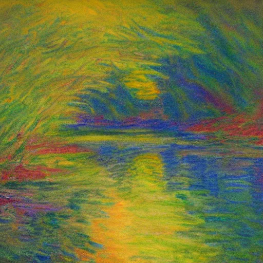 Prompt: a beautiful impressionist painting of a winding river, in the style of monet colored charcoal drawing on canvas