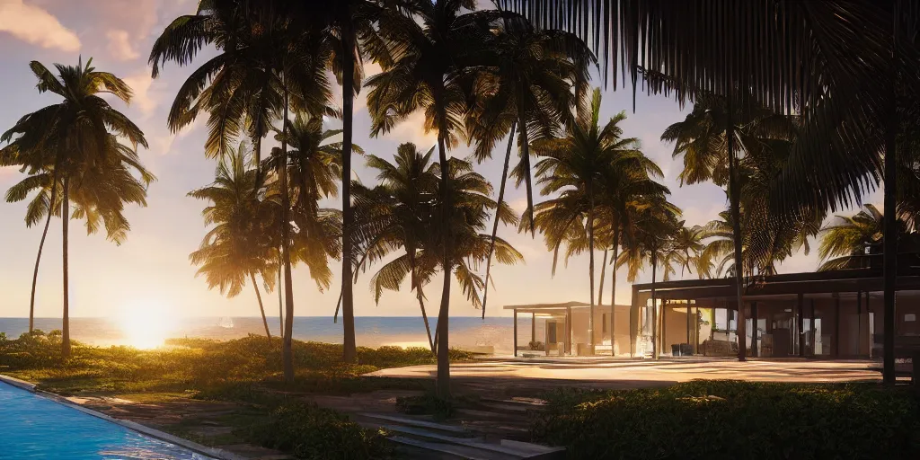 Prompt: modern house in a tropical setting, a view of the beach, coconut trees, sunset, concept art, beautiful, cinematic dramatic atmosphere, volumetric cinematic perfect light, detailed octane render trending on artstation, 8 k, by chris hytha