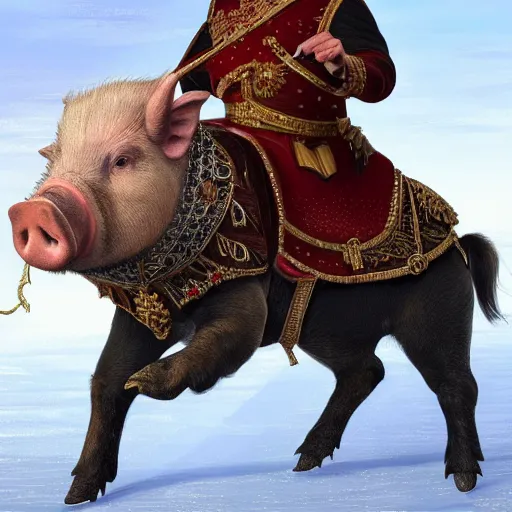 Prompt: an extremely realistic portrait depicting hungarian king viktor orban dressed in royal national costume, riding a pig on the frozen danube, detailed, intricate, elegant, highly detailed, digital painting, artstation, concept art, smooth, sharp focus, illustration,