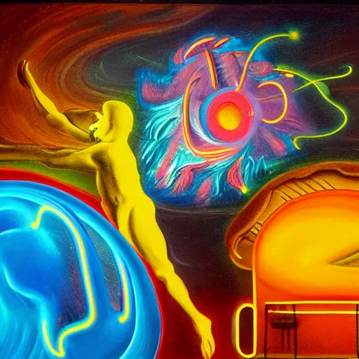 Prompt: god creating the universe, neon lit, surrealist painting in the style of dali