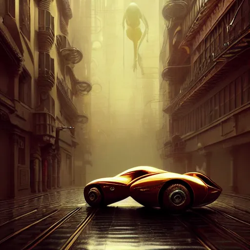 Image similar to cyborg cyber vintage supercar slick warm tones : by michal karcz, daniel merriam, victo ngai and guillermo del toro : ornate, dynamic, particulate, intricate, elegant, highly detailed, centered, artstation, smooth, sharp focus, octane render