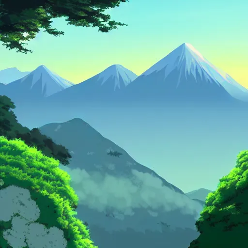 Image similar to a beautiful landscape shot of mountains and forest by Studio Ghibli, digital art