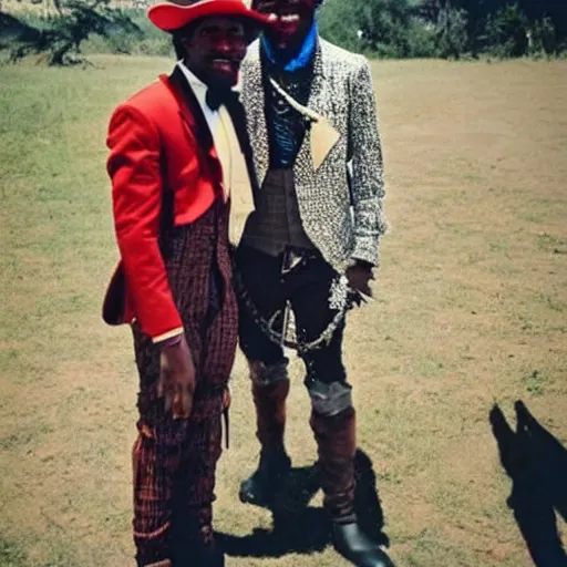 Prompt: king von laugh with fbg dug ( circa 1 9 0 1 ) in cowboy suit, theyre used red and blue bandana