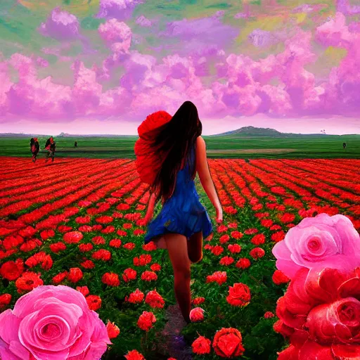 Image similar to giant rose flower head, full body girl running through a flower field, surreal photography, sunrise, dramatic light, impressionist painting, colorful clouds, digital painting, artstation, simon stalenhag