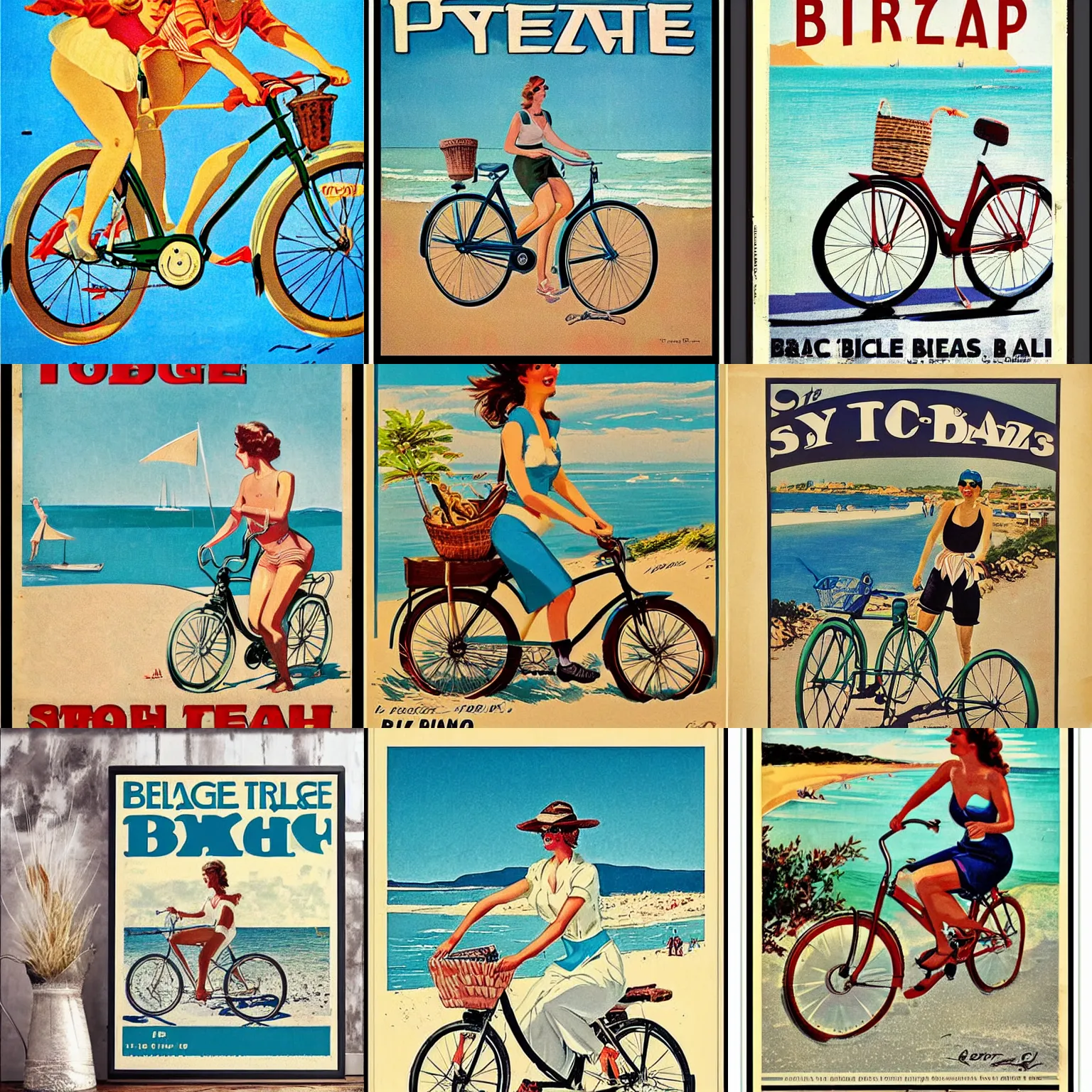 Prompt: vintage bicycle poster bike to the beach, st tropez