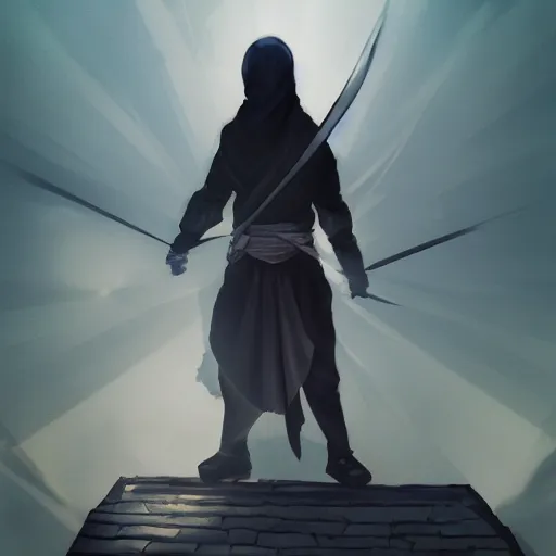 Image similar to a shrouded ninja standing on a pagoda, angled shot, style of ross tran, painterly, fantastic detail, lens flare, global illumination