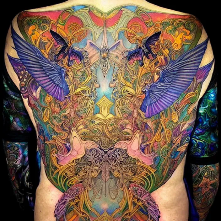 Image similar to extremely psychedelic tattoo design made of wings and mushrooms, LSD tattoo design, diffuse lighting, fantasy, intricate, elegant, highly detailed, lifelike, photorealistic, digital painting, artstation, illustration, concept art, smooth, sharp focus, art by John Collier and Albert Aublet and Krenz Cushart and Artem Demura and Alphonse Mucha