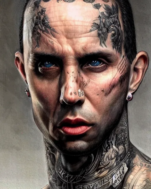 Prompt: travis barker, hyper realistic face, beautiful eyes, fantasy art, in the style of greg rutkowski, intricate, hyper detailed, smooth