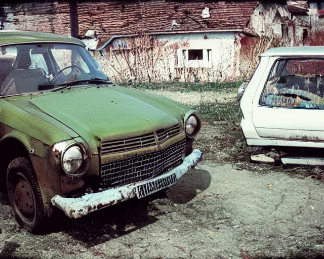 Prompt: a lomographic photo of old lada 2 1 0 7 standing in typical soviet yard in small town, hrushevka on background, cinestill, bokeh