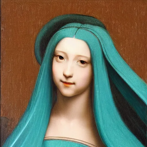 Prompt: An oil painting by Leonardo Da Vinci of a Hatsune Miku, portrait