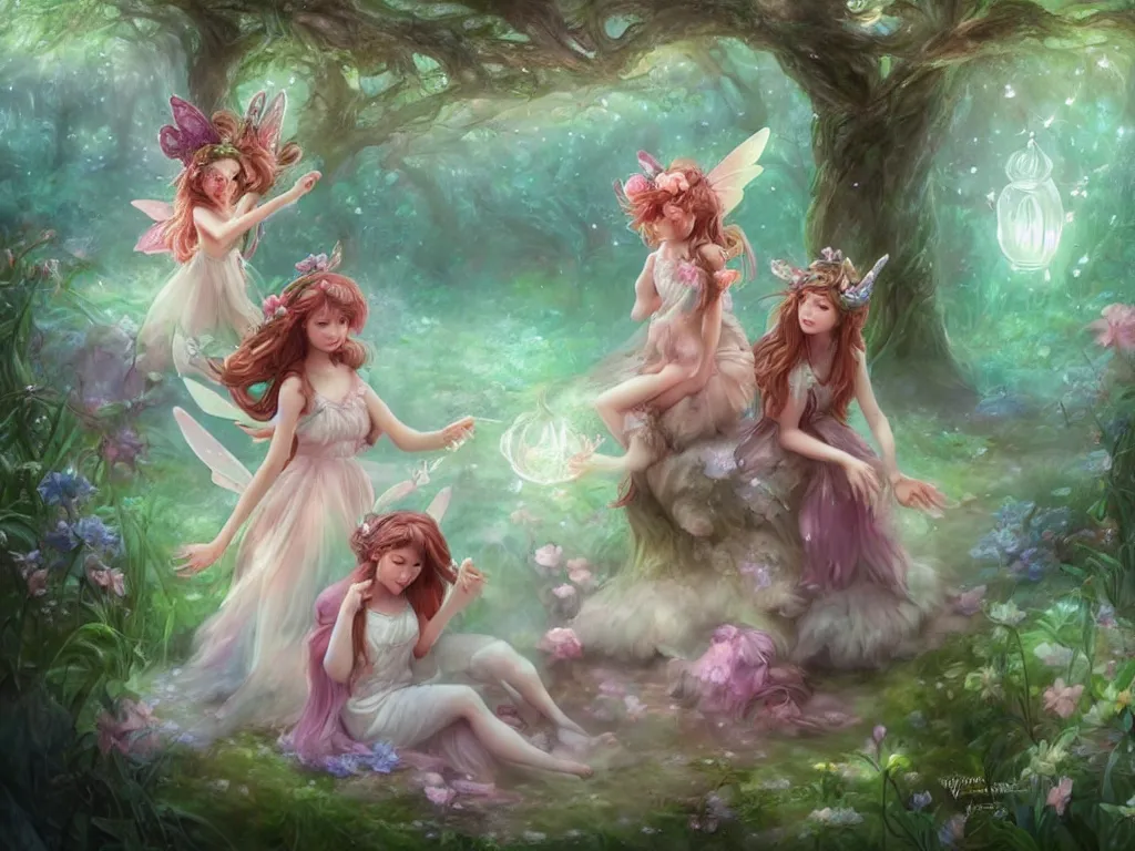 Image similar to two cute fairy in the dreamy forest, fantasy, dreamlike, 8 k resolution, hyper detailed, d & d, character design, digital painting, trending on artstation, sharp focus, illustration, art by artgerm, viktoria gavrilenko, hoang lap, fuji choko, steve zheng