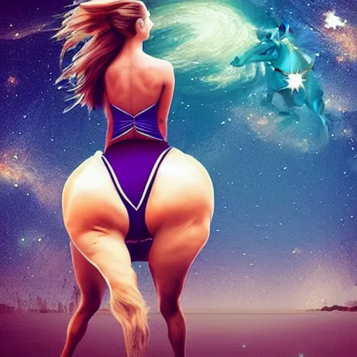 Image similar to beautiful women in bikini riding a horse through space, realistic, colorful, pretty