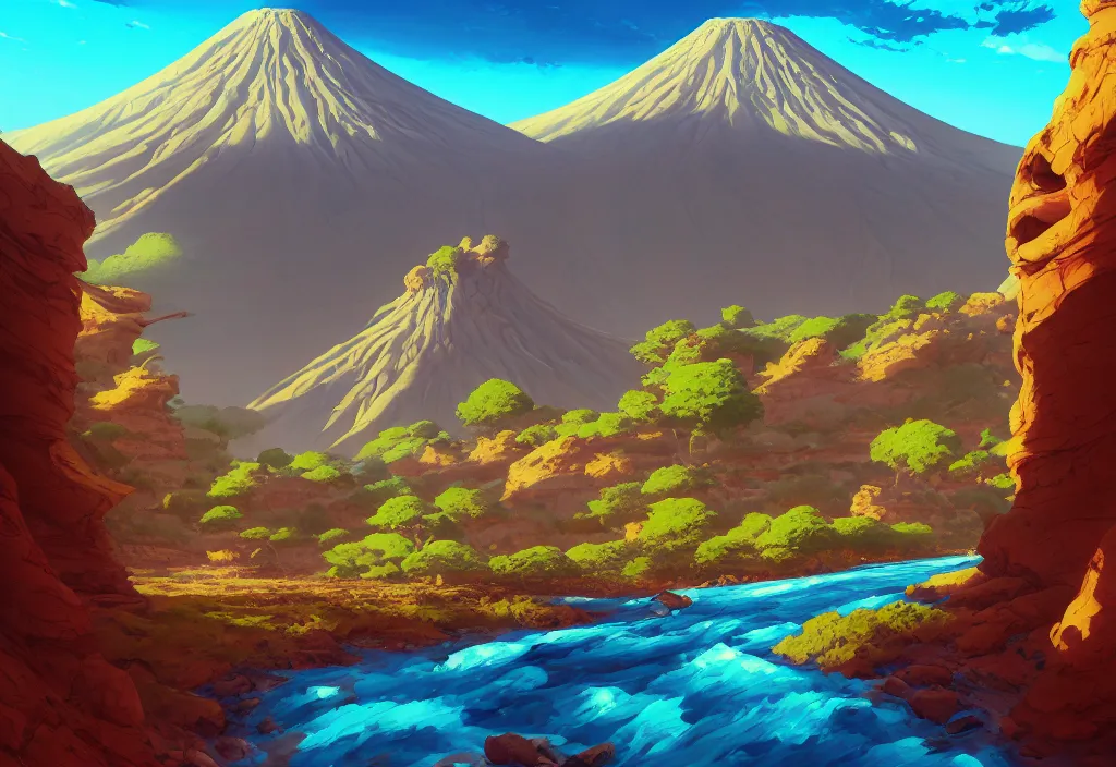 Image similar to dry canyon river with fishbones on the foreground and a volcano in the background, intricate oil painting, high detail illustration, sharp high detail, manga and anime 1 9 9 9, official fanart behance hd artstation by jesper ejsing and makoto shinkai, 4 k,