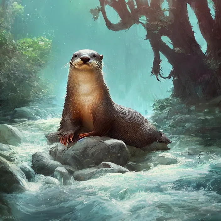 Image similar to a painting of a cute otter at a river. character design by cory loftis, fenghua zhong, ryohei hase, ismail inceoglu and ruan jia. volumetric light, detailed, rendered in octane