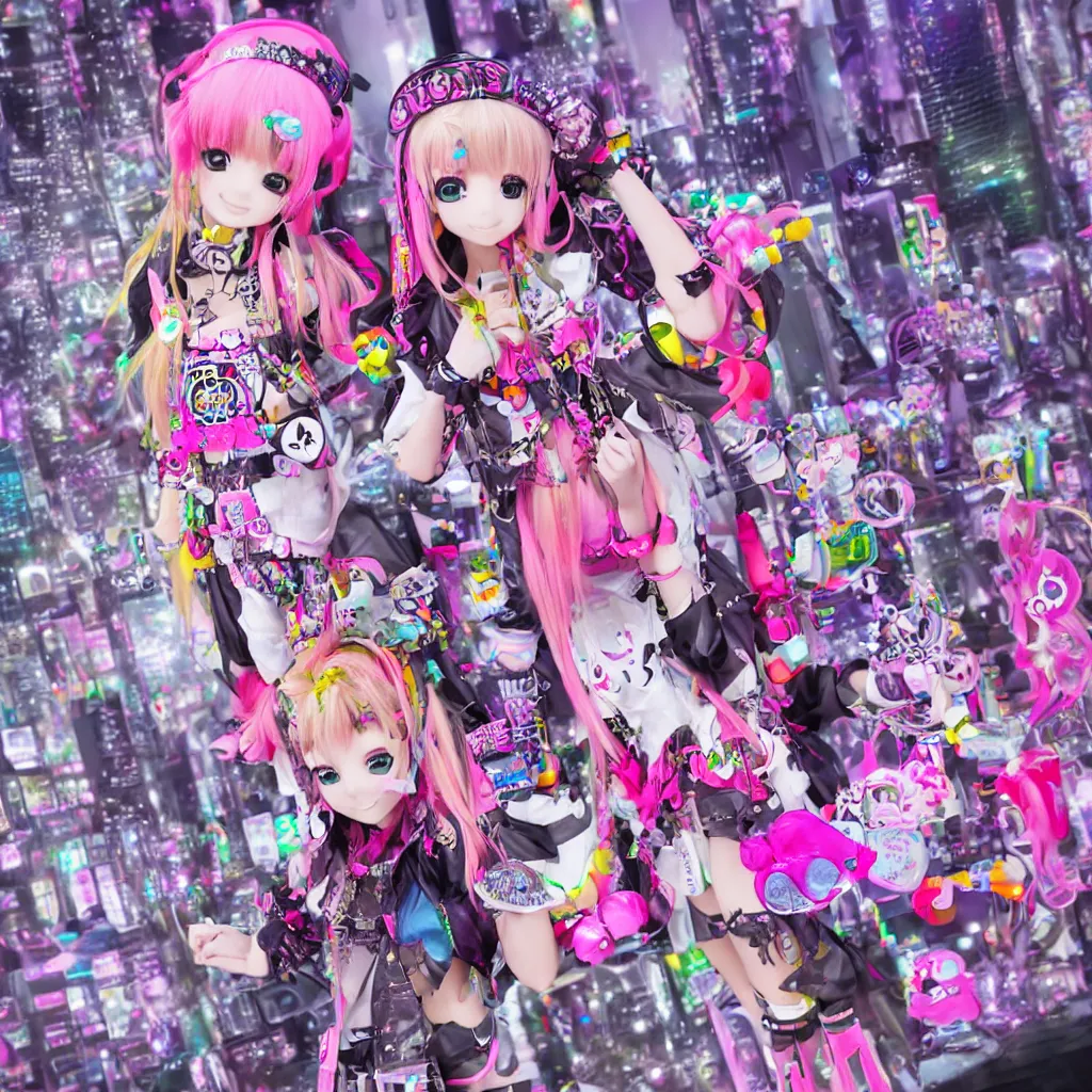 Image similar to 3 d anime render of a decora gyaru kawaii cybergoth emo fashion model vtuber, in a cyberpunk blade runner maximalist city of my melody sanrio plushies, artstation cgsociety