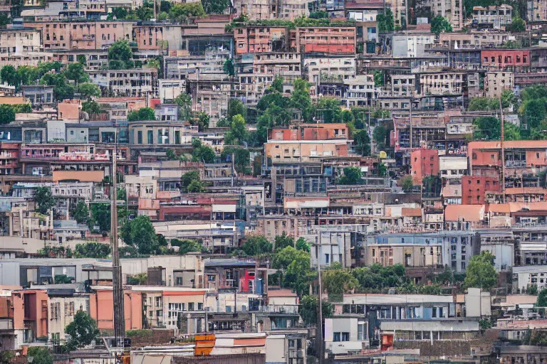 Image similar to looking down street, warehouses lining the street. hill background with radio tower on top. telephoto lens compression.