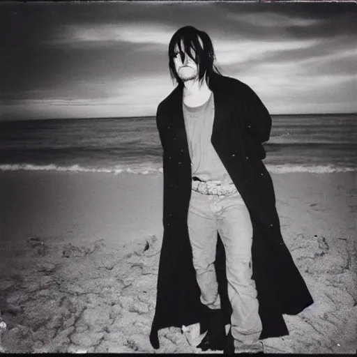 Image similar to 9 0 s polaroid photograph of norman reedus wearing a trenchcoat at night, dancing on a beach during cloudy weather, vignette