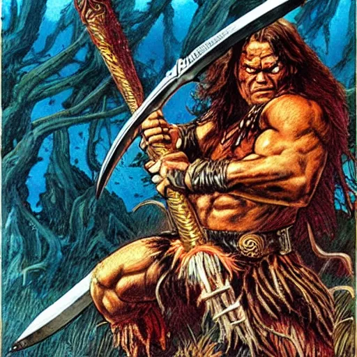 Prompt: “ conan the barbarian holds a battle axe up to a giant spider, with red eyes ” val semeiks, barry windsor smith, john buscema, ernie chan, earl norem.