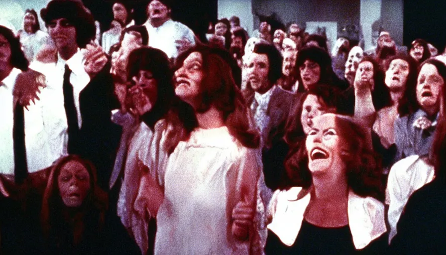 Image similar to 7 0 s film still from a horror movie with people laughing at a funeral, kodachrome, cinecolor, cinestill, photorealism, cinematic, film grain, film texture, vhs recording