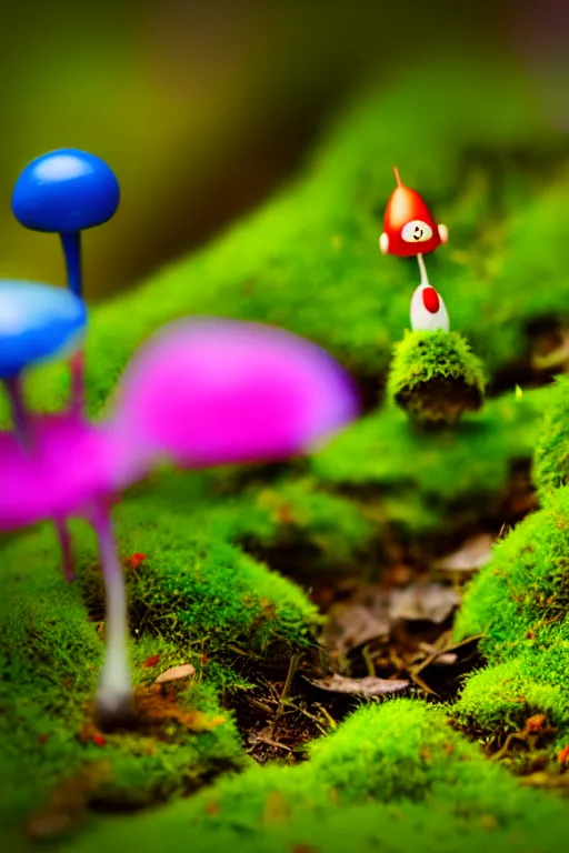 Prompt: pikmin on a mossy forest floor, tilt shift photography