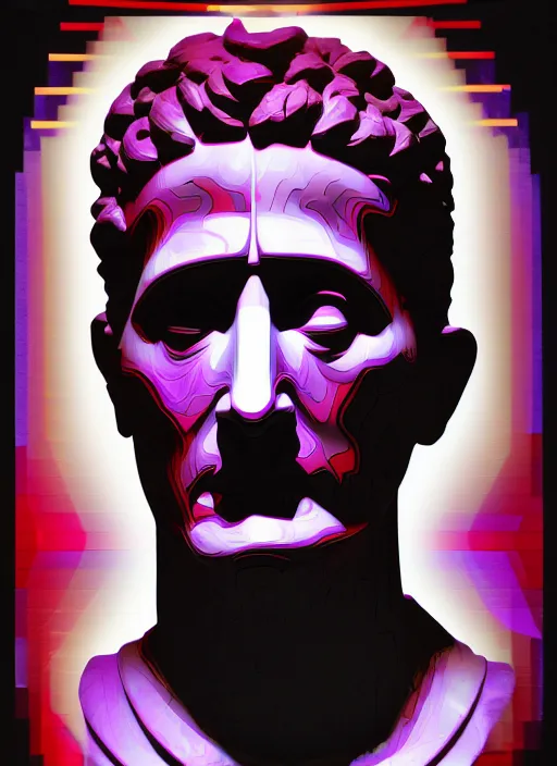 Prompt: black background with subtle red and purple design elements, bust of julius caesar, nekro, modern design, collage art, thin lines, dark, glitch art, neo vaporwave, gritty, layout frame, trending on artstation