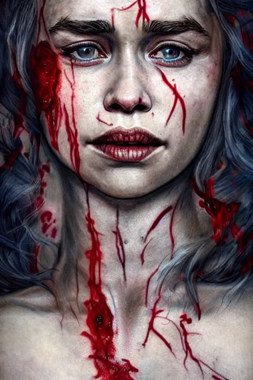 Image similar to woman covered with blood, covered with skeleton tattoo, emilia clarke face!!!, masterpiece portrait, long white hair, beautiful blue eyes, ultra realistic, concept art, intricate details, highly detailed, photorealistic, octane render, 8 k, unreal engine. retro film still, heavy grain, 3 5 mm, art by artgerm and greg rutkowski and alphonse mucha