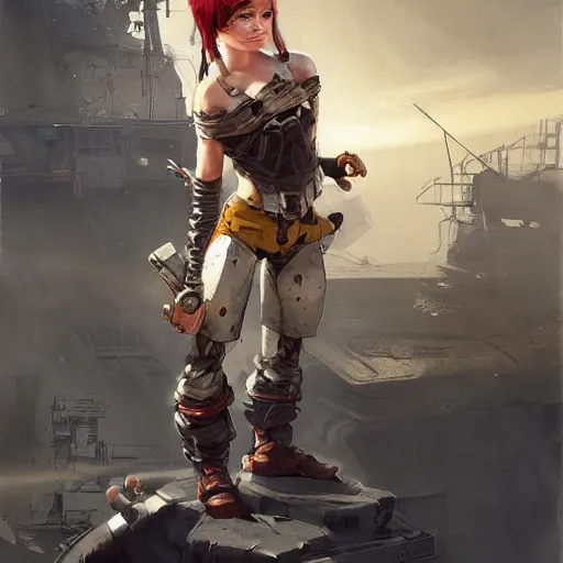 Prompt: Full body portrait of a scrappy female gnome mechanic with pixie undercut hair and one prosthetic metal gauntlet arm standing on a ship deck. In style of Greg Rutkowski and Yoji Shinkawa and Hyung-tae Kim, trending on ArtStation, dark fantasy, great composition, concept art, highly detailed