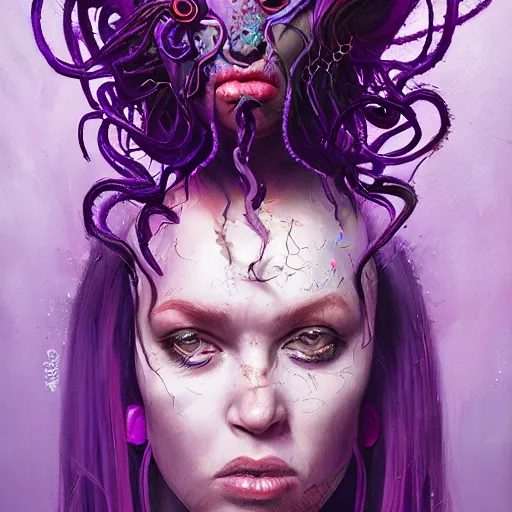 Image similar to art portrait of a furious girl with purple tentacles on her head, and purple eyes, 8k,by tristan eaton, Stanley Artgermm,Tom Bagshaw,Greg Rutkowski,Carne Griffiths,trending on DeviantArt, face enhance,hyper detailed ,full of colour,